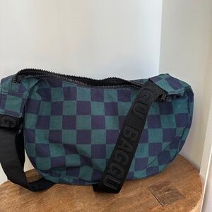 Baggu medium crescent bag Navy + Green check